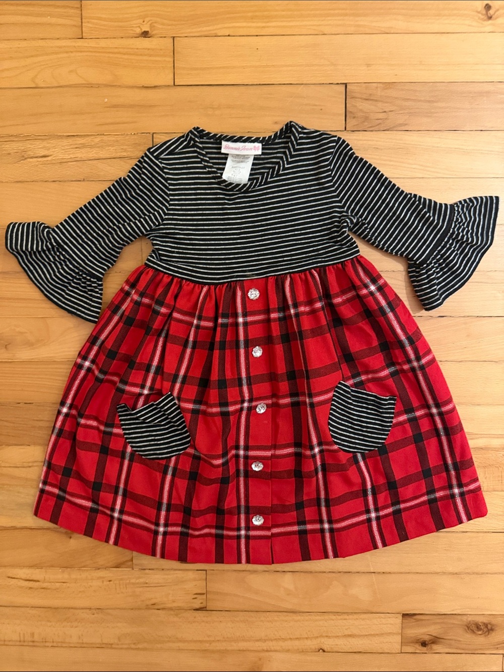 Bonnie Jean Black-White Striped Top with Red Plaid Skirt Dress